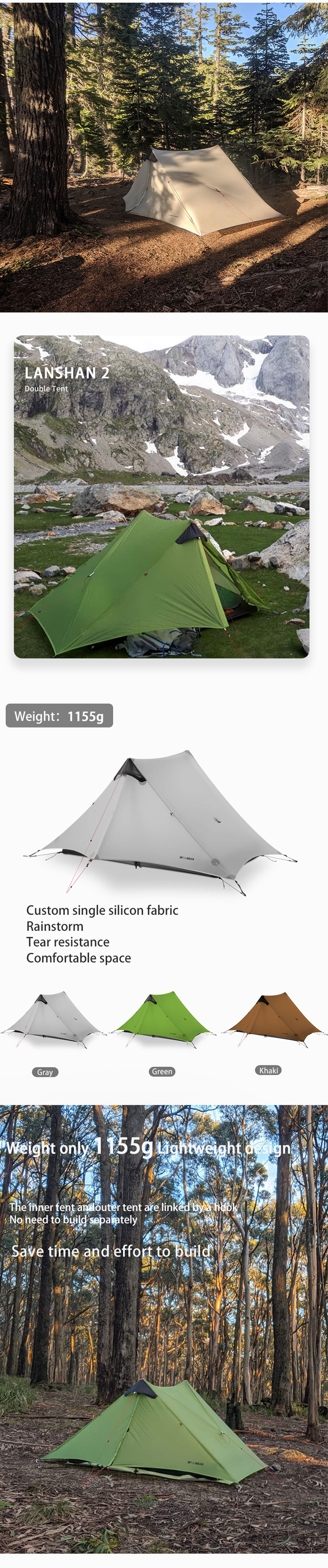 Cheap Goat Tents 3F UL GEAR LanShan2 2 Person Outdoor Ultralight Camping Tent 3 Season 4 Season Professional Waterproof 15D Silnylon Rodless Tent   